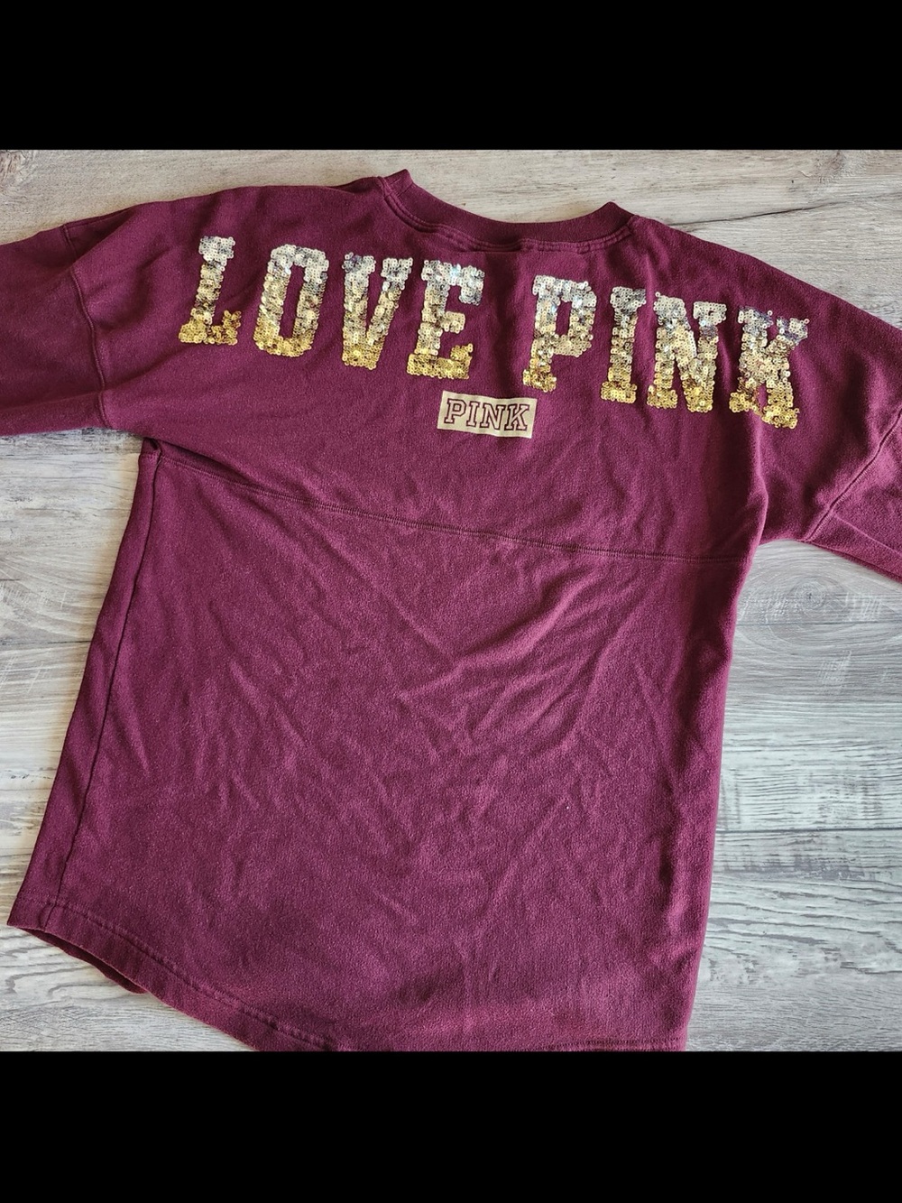 PINK Victoria's Secret Burgundy Long Sleeve Tee with Gold Sequin LOVEPINK